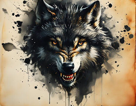 Angry Wolf Watercolor Illustration