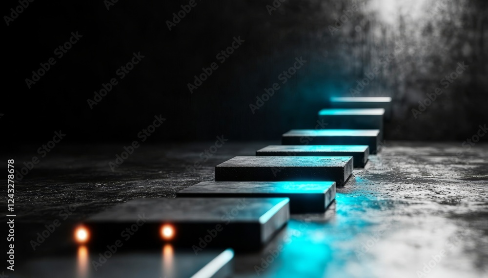 Poster a series of illuminated, rectangular blocks in a dimly lit environment, creating a pathway that draw