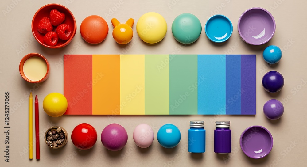 Aufkleber vibrant rainbow color palette with assorted colorful objects and raspberries flatlay