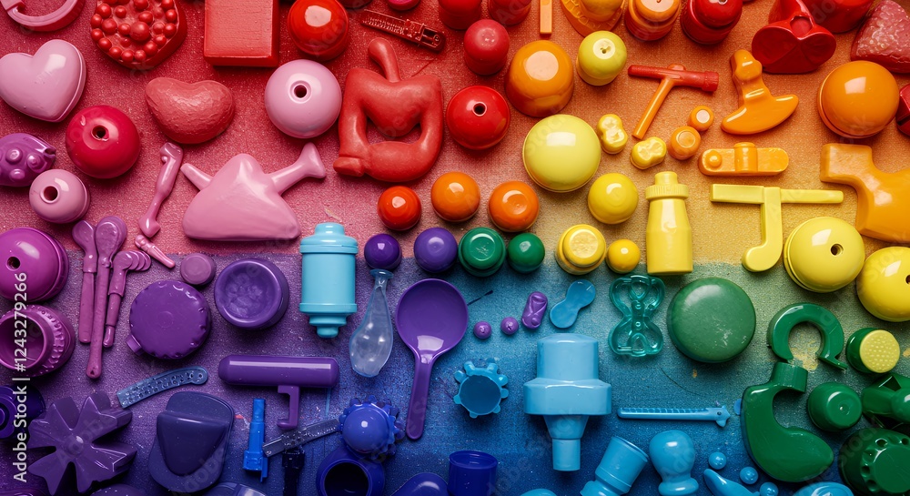 Poster vibrant rainbow colored plastic objects arranged in spectrum pattern on glittery background ai gener