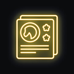 Yellow neon icon representing a horse document with stars, possibly a horse breeding certificate or veterinary record, glowing on a black background