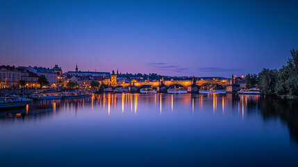 A view of the Rasin Embankment and Palacky Bridge in Prague, Czechia, at dusk with the city lights reflecting in the river and boats sailing under the deep blue sky.