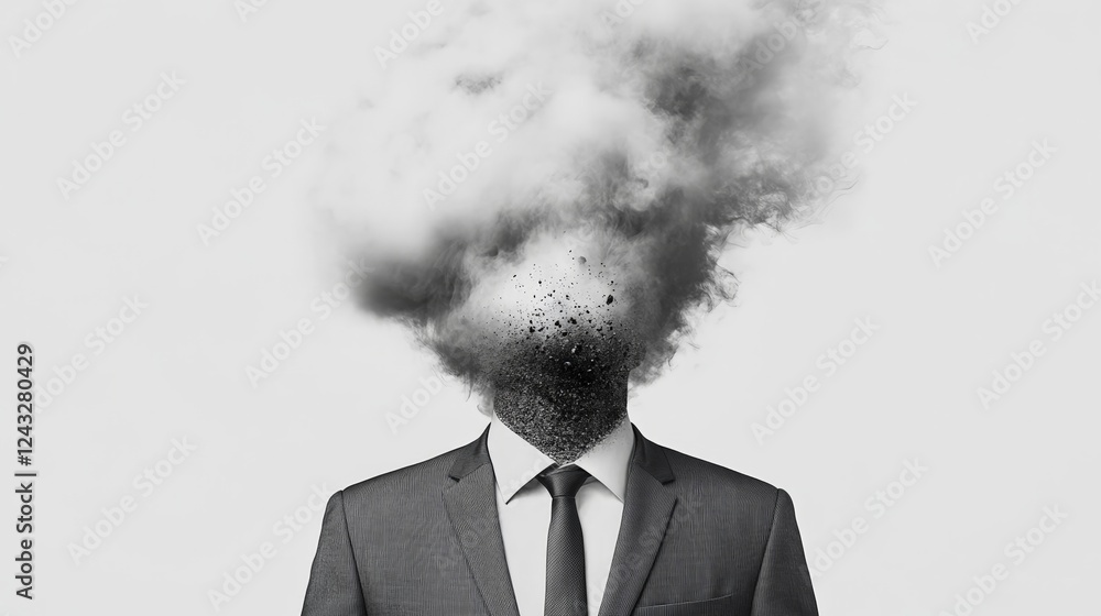 Poster surreal artwork illustrating a person in a suit with their head dissolving into smoke, symbolizing m