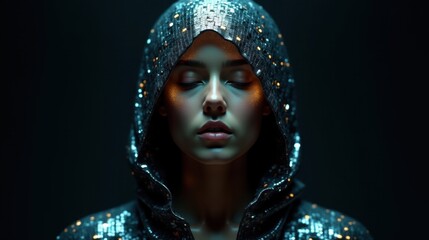  Mysterious Woman in Glittering Hood, Futuristic Fashion Portrait, Dark Aesthetic, Cyberpunk Glow, Dramatic Lighting, Enigmatic Beauty, Elegant and Powerful Mood