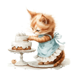 Cute cat with cake, For kids birthday party Print for invitation card Poster template Watercolor style, vector