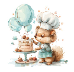 Cute fox making cake, For kids birthday party Print for invitation card Poster template Watercolor style, vector