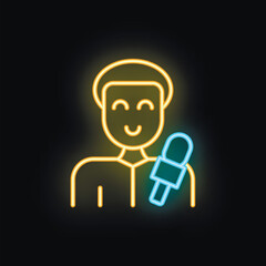 Neon sign of a journalist holding a microphone, glowing on a black background, perfect for themes of journalism, news, and media