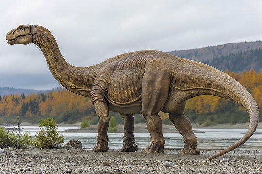 Large sauropod dinosaur near river with autumn trees and cloudy sky