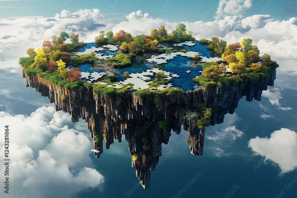 Poster A floating island made entirely of puzzle pieces, some of them missing