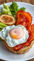 Delicious breakfast plate with a sunny side up egg, crispy bacon, and fresh vegetables