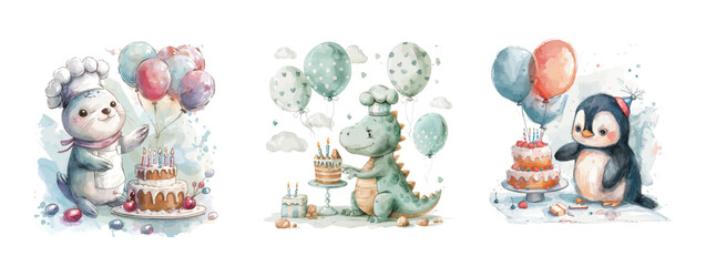 Set of cute animals with numbers and balloons, For children's birthday party kids Print for invitation card Poster template Watercolor style, vector