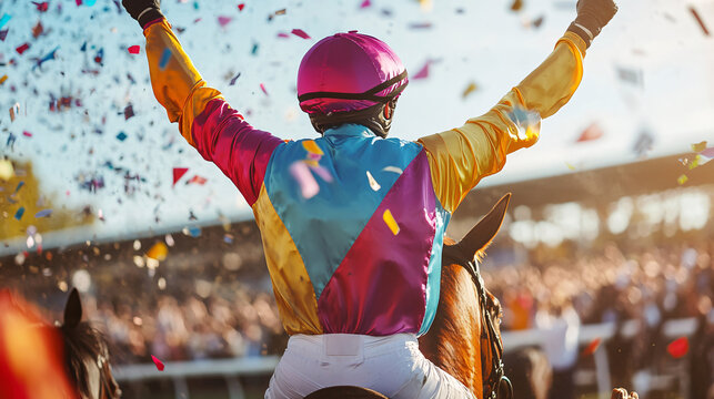 A jockey in colorful silks raises their arms in victory after winning a horse race, surrounded by cheering spectators.
