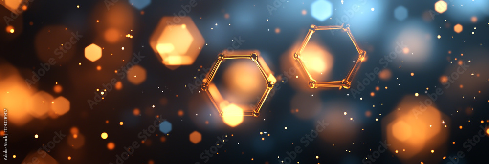Poster abstract background with glowing hexagons and light bokeh, the chemical structure of different doubl