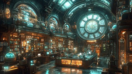 Fototapeta premium Steampunk laboratory interior, research, alchemy, glowing equipment, circular window, fantasy setting, sci-fi background, concept art