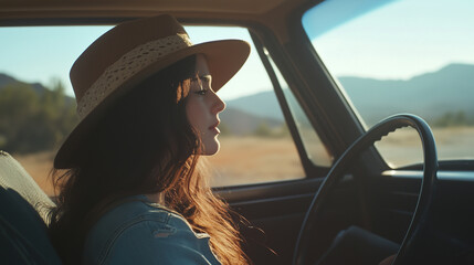 Fototapeta premium A young woman enjoying a road trip, feeling free and adventurous. Perfect for travel, lifestyle, and freedom concepts, capturing the essence of exploration and joy.