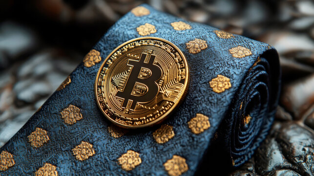 A gold bitcoin against a man's tie, symbolizing the growth and future of cryptocurrency. Space for text