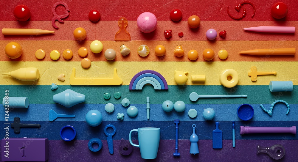 Poster vibrant rainbow pride month background with colorful 3d objects and shapes