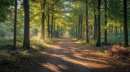 Obraz premium A quiet forest path with sunlight filtering through tall trees, creating a serene and peaceful environment for relaxation and mindfulness practice.