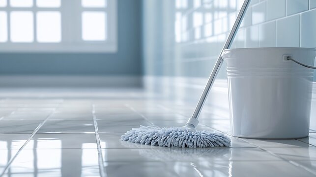 Clean mop, bucket, tiled floor, bright restroom