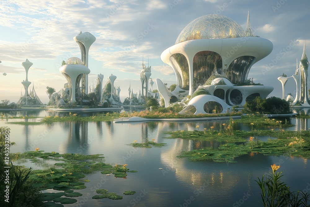 Poster a floating city where technology and nature seamlessly blend.