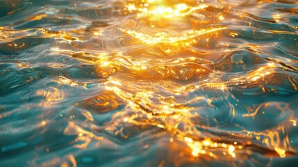 Golden sunlight reflects on rippling teal water, creating a shimmering, textured surface. Close up view of the water's dynamic movement and light.