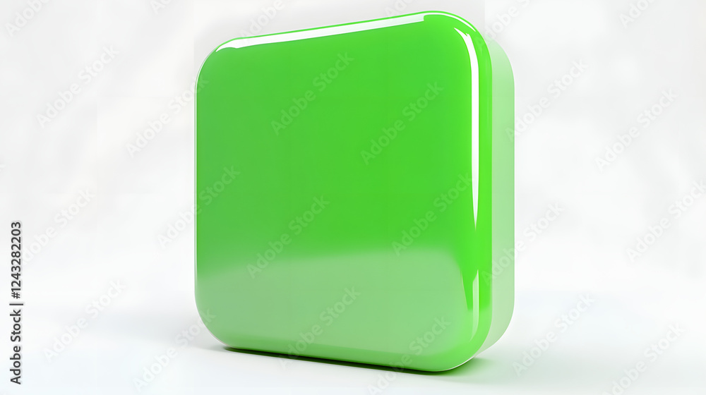 Aufkleber blank mobile application icon, button - green square with round corners. 3d rendering, white backgro