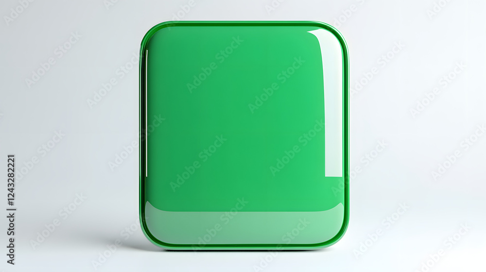 Poster blank mobile application icon, button - green square with round corners. 3d rendering, white backgro