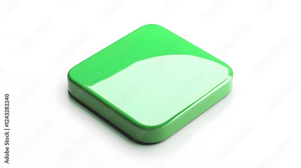 Aufkleber blank mobile application icon, button - green square with round corners. 3d rendering, white backgro
