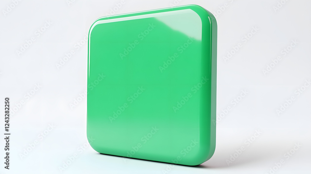Poster blank mobile application icon, button - green square with round corners. 3d rendering, white backgro