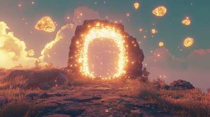 Glowing portal within a stone archway, surrounded by floating embers against a sunset sky. Digital art with warm colors and mystical atmosphere.