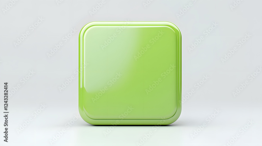 Poster blank mobile application icon, button - green square with round corners. 3d rendering, white backgro