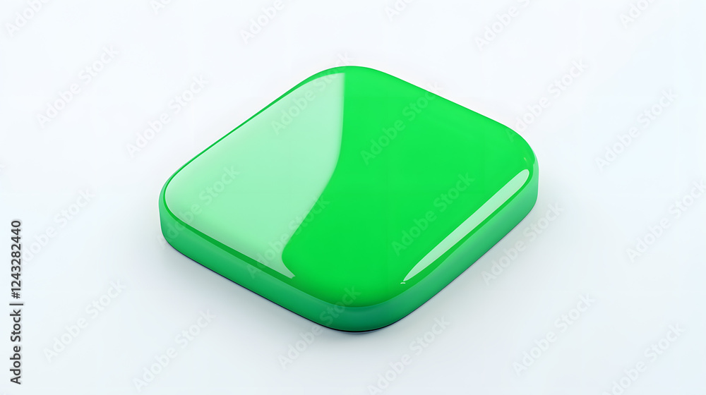 Poster blank mobile application icon, button - green square with round corners. 3d rendering, white backgro