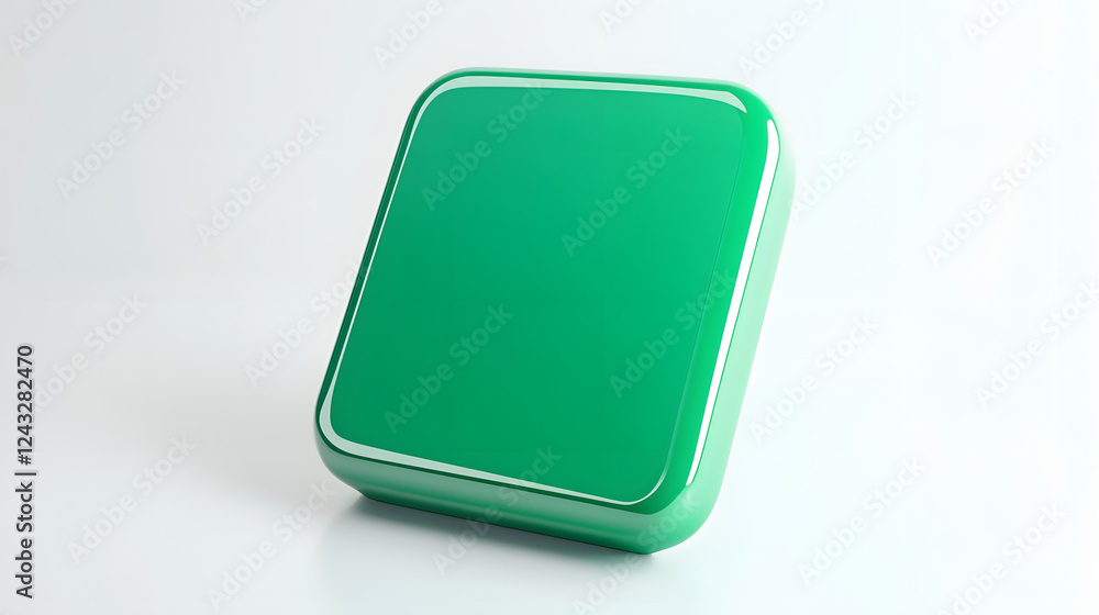 Poster blank mobile application icon, button - green square with round corners. 3d rendering, white backgro