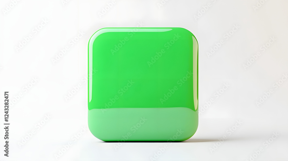 Poster blank mobile application icon, button - green square with round corners. 3d rendering, white backgro