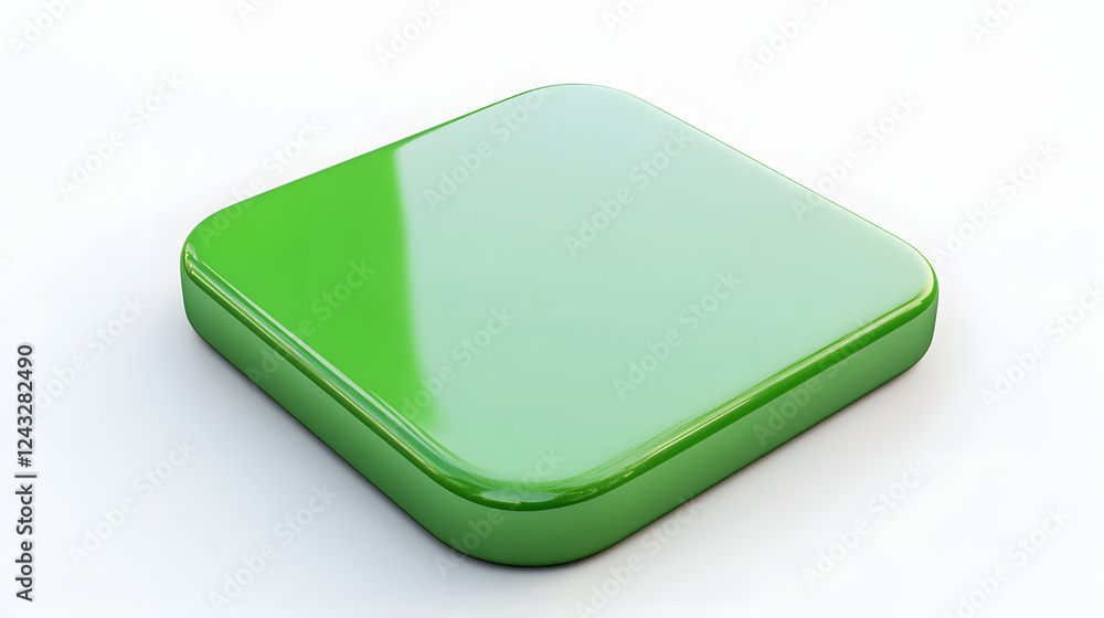 Poster blank mobile application icon, button - green square with round corners. 3d rendering, white backgro
