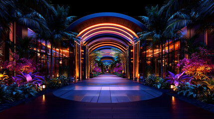 Obraz premium Nighttime walkway, tropical plants, archway, resort