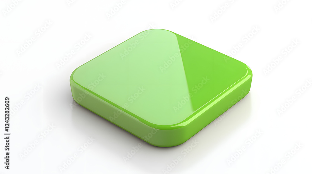 Poster blank mobile application icon, button - green square with round corners. 3d rendering, white backgro