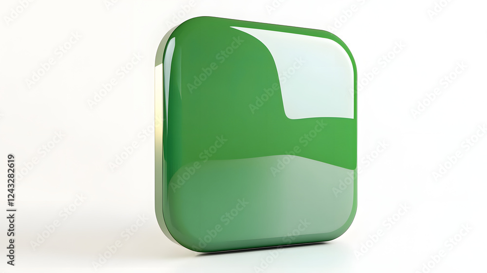 Poster blank mobile application icon, button - green square with round corners. 3d rendering, white backgro