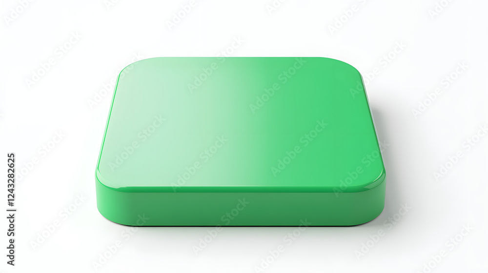 Poster blank mobile application icon, button - green square with round corners. 3d rendering, white backgro