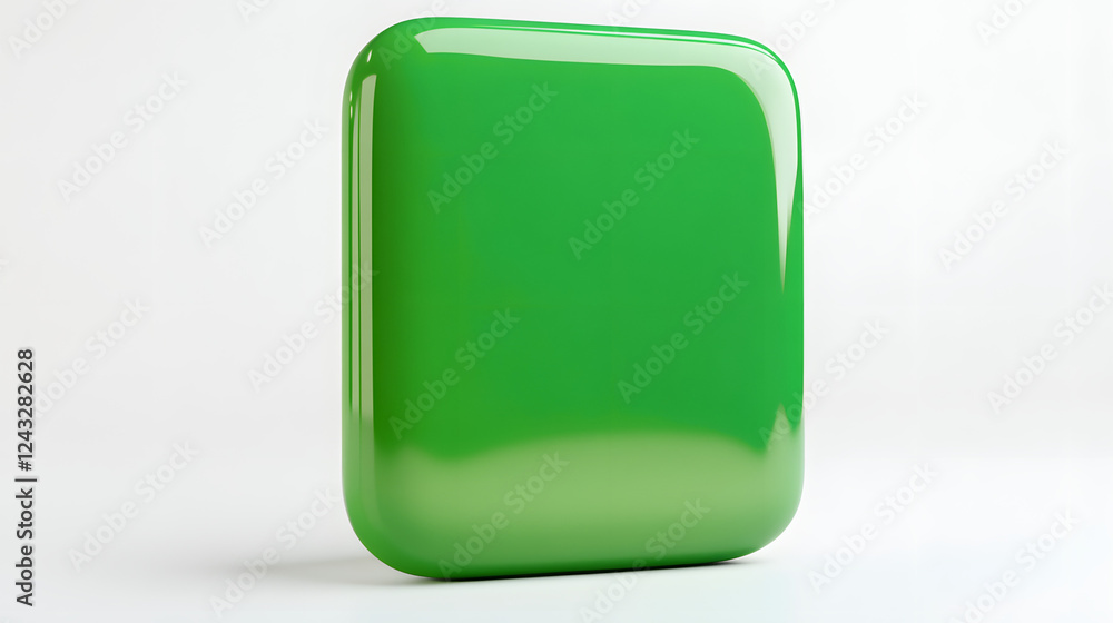 Poster blank mobile application icon, button - green square with round corners. 3d rendering, white backgro