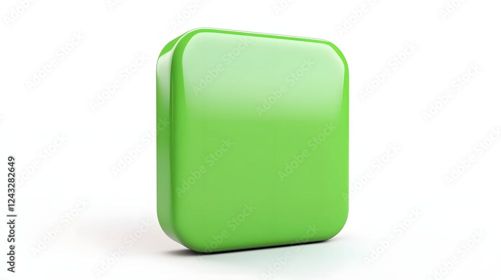 Poster blank mobile application icon, button - green square with round corners. 3d rendering, white backgro