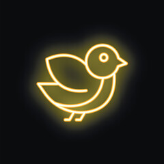 Bright yellow neon bird icon glowing in the dark on a black background