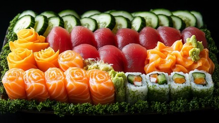 A beautifully arranged plate of assorted sushi rolls, including tuna, salmon, avocado, and cucumber, showcasing a colorful and elegant display.