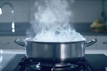 Boiling Water in Stainless Steel Pot on Modern Stovetop