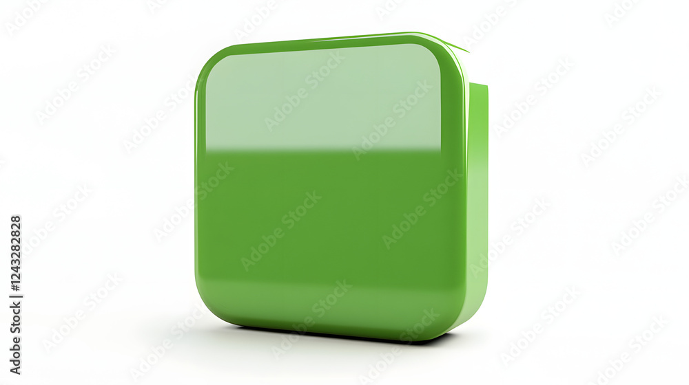 Poster blank mobile application icon, button - green square with round corners. 3d rendering, white backgro