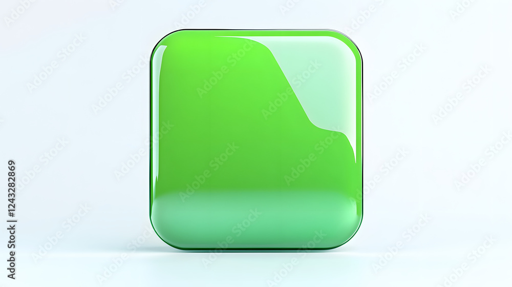 Poster blank mobile application icon, button - green square with round corners. 3d rendering, white backgro