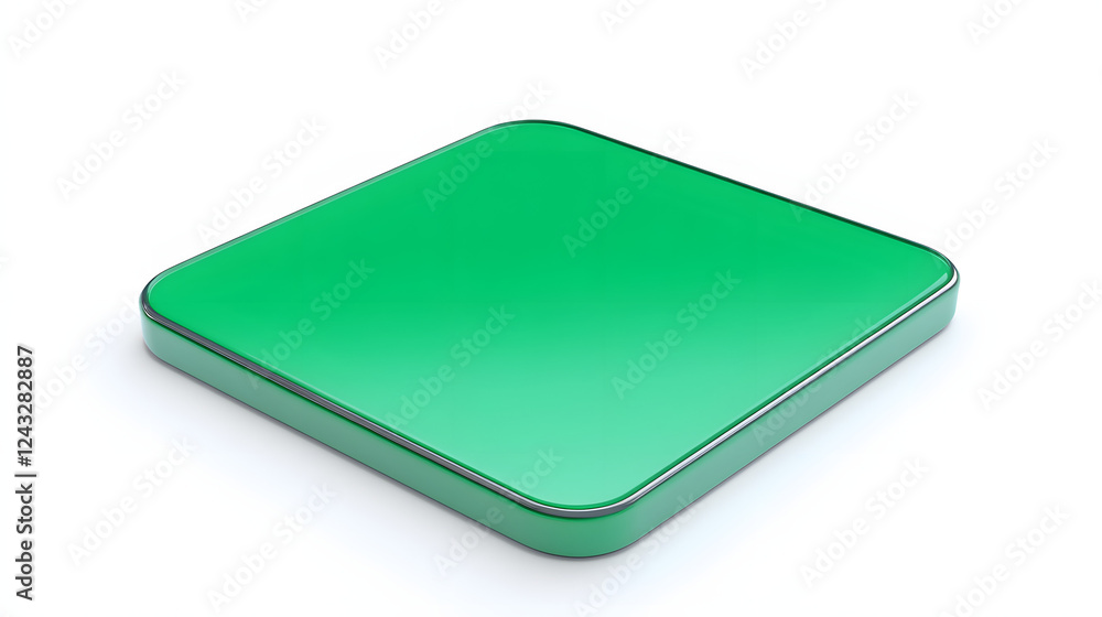 Poster blank mobile application icon, button - green square with round corners. 3d rendering, white backgro