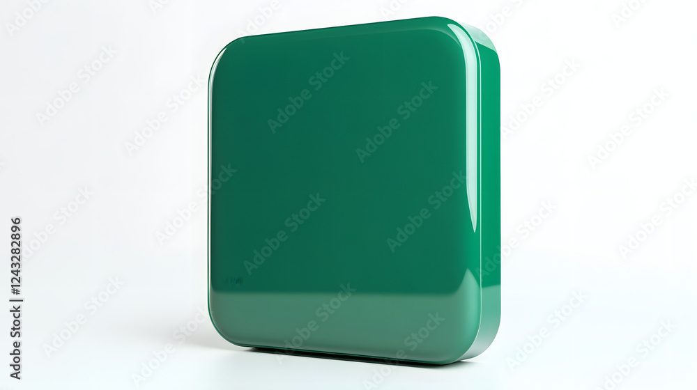 Poster blank mobile application icon, button - green square with round corners. 3d rendering, white backgro