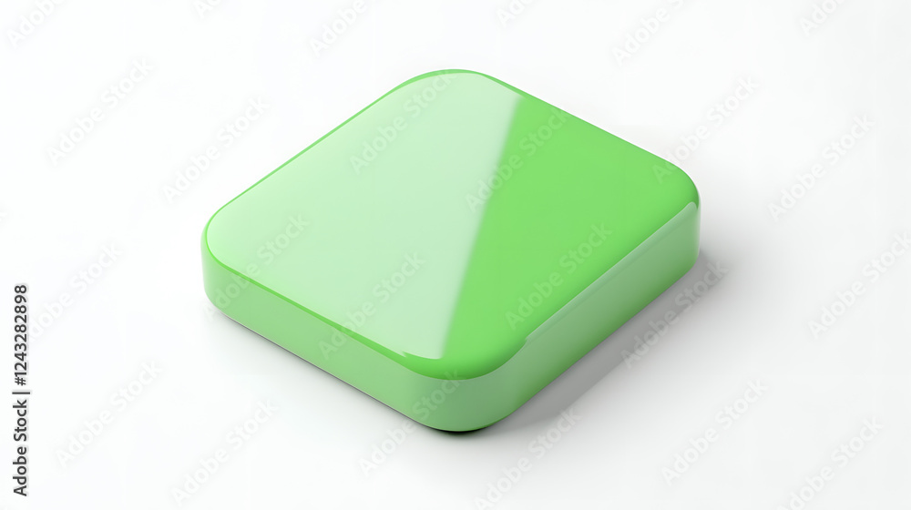 Poster blank mobile application icon, button - green square with round corners. 3d rendering, white backgro