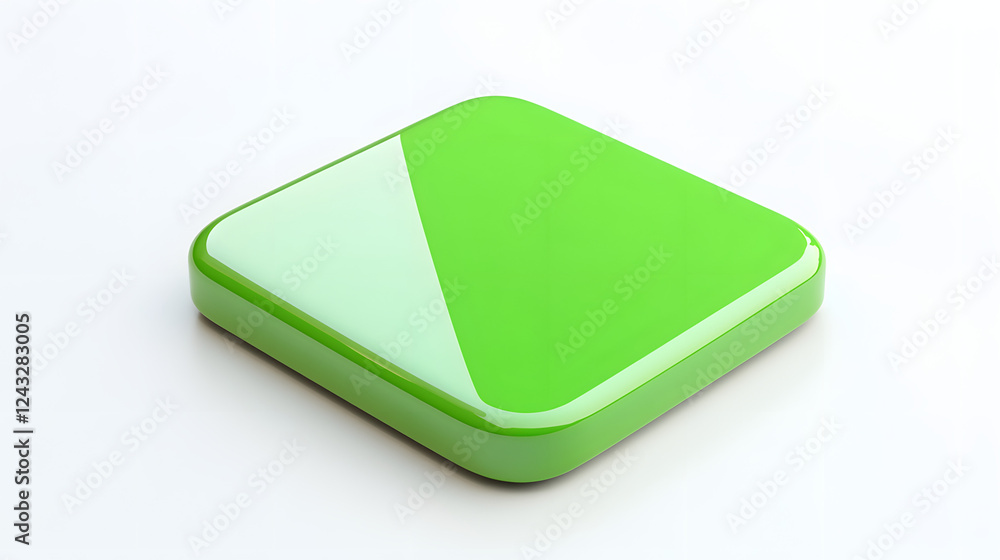 Poster blank mobile application icon, button - green square with round corners. 3d rendering, white backgro
